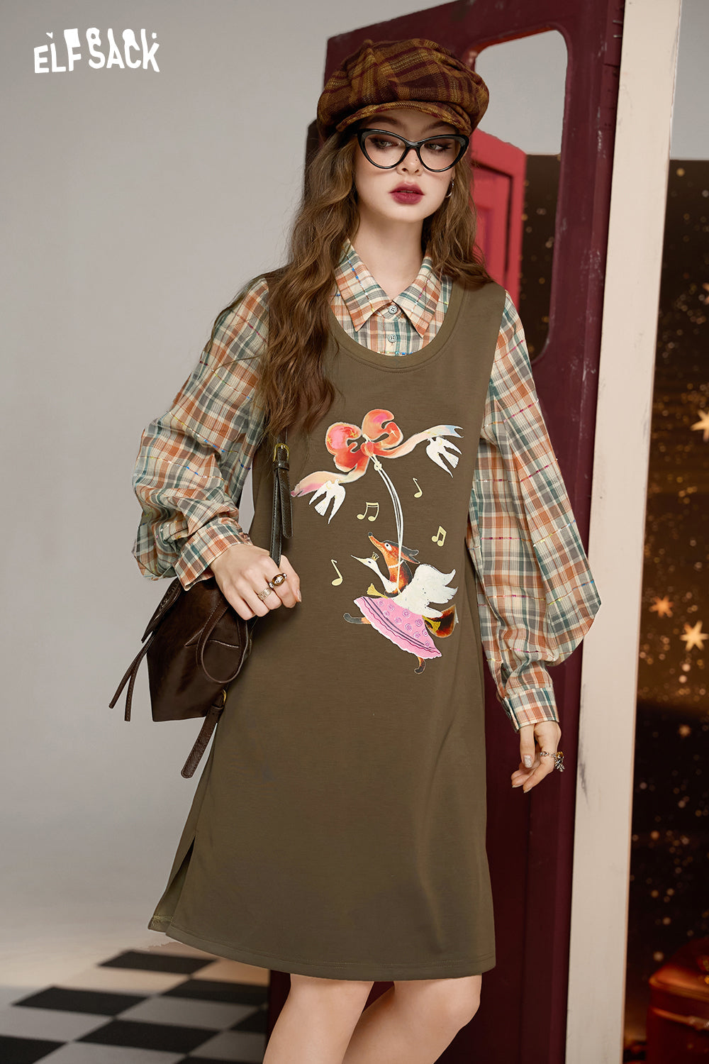 ELFSACK Brown fake two-piece plaid patchwork print loose slim straight dress