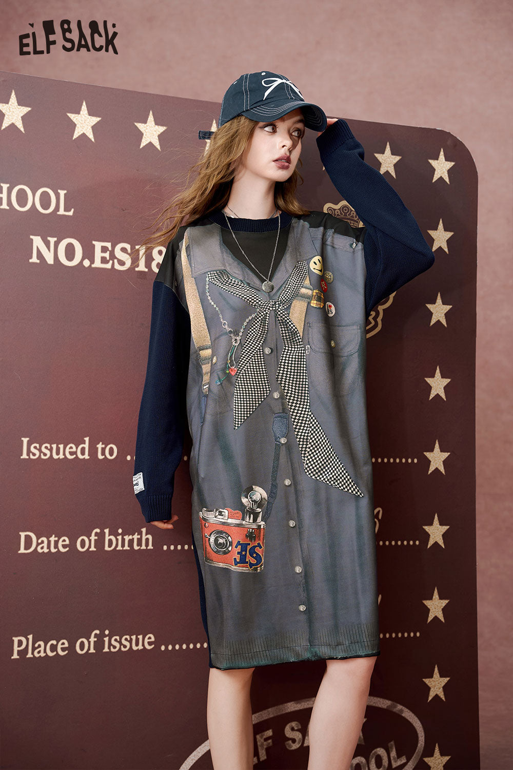 ELFSACK 2024 Autumn New Arrivals Casual contrasting round neck hoodie dress for women