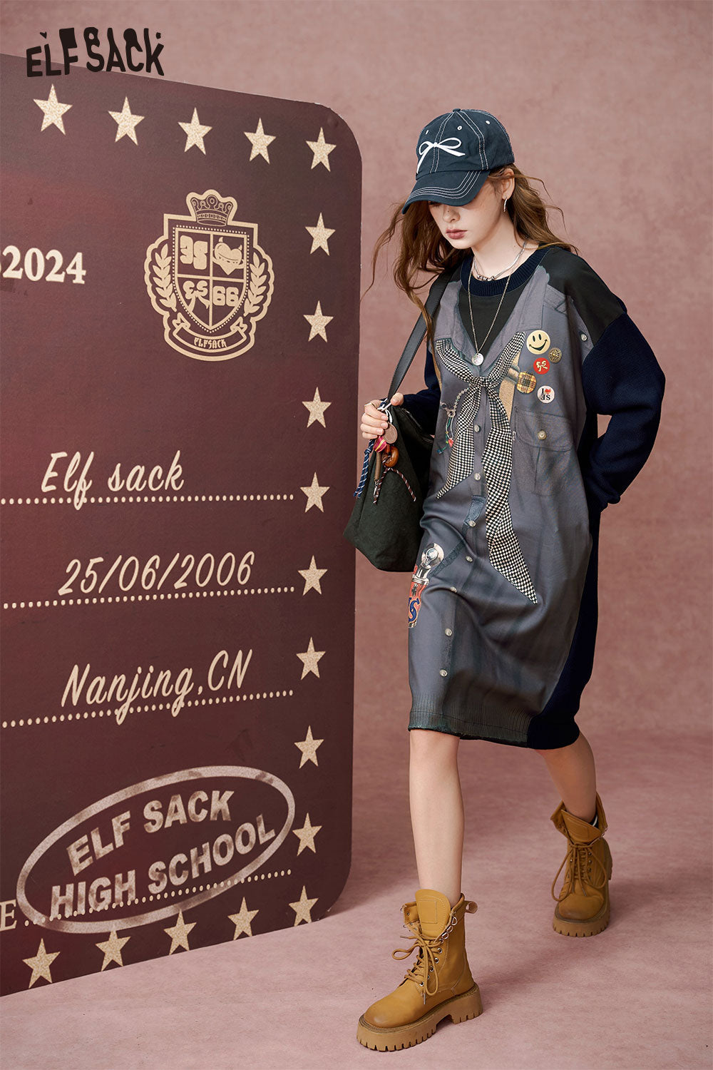 ELFSACK Casual contrasting round neck hoodie dress