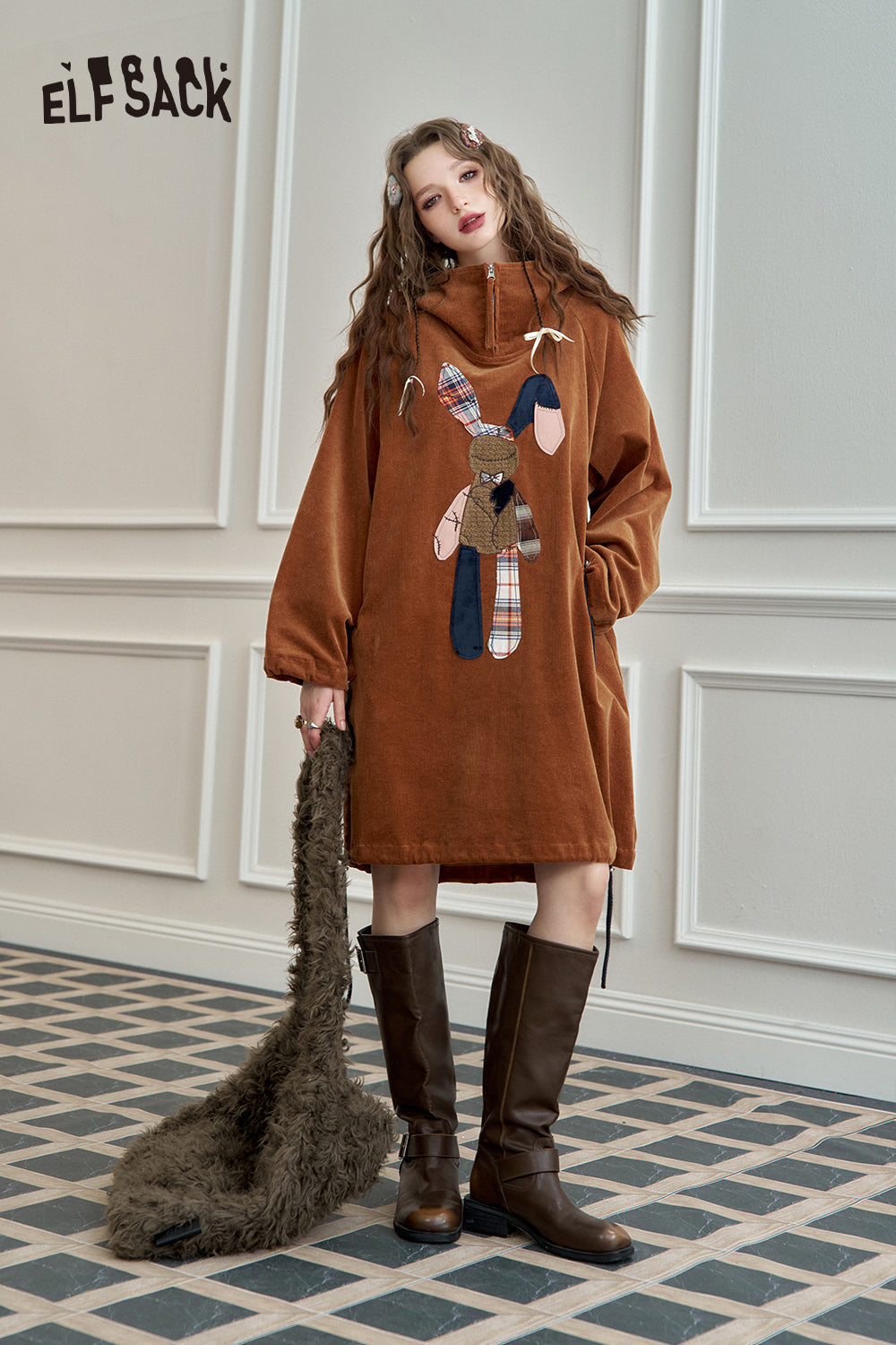 ELFSACK Maillard patchwork print casual loose long dress