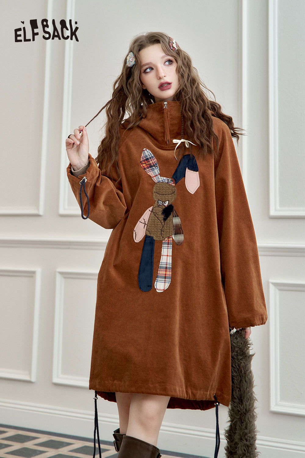 ELFSACK Maillard patchwork print casual loose long dress