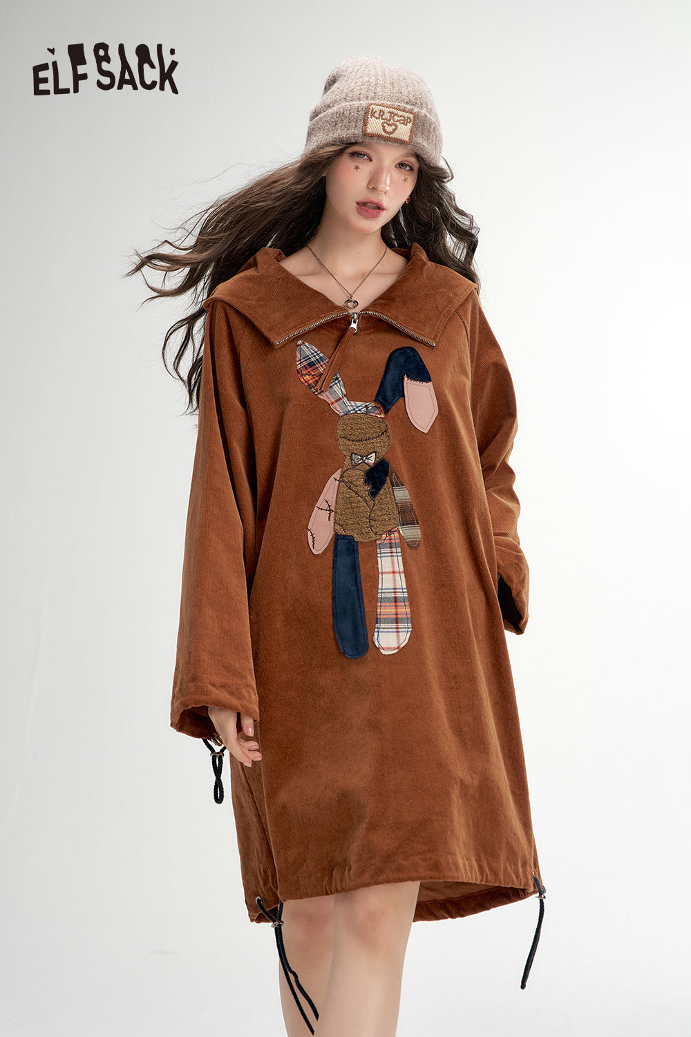 ELFSACK Maillard patchwork print casual loose long dress
