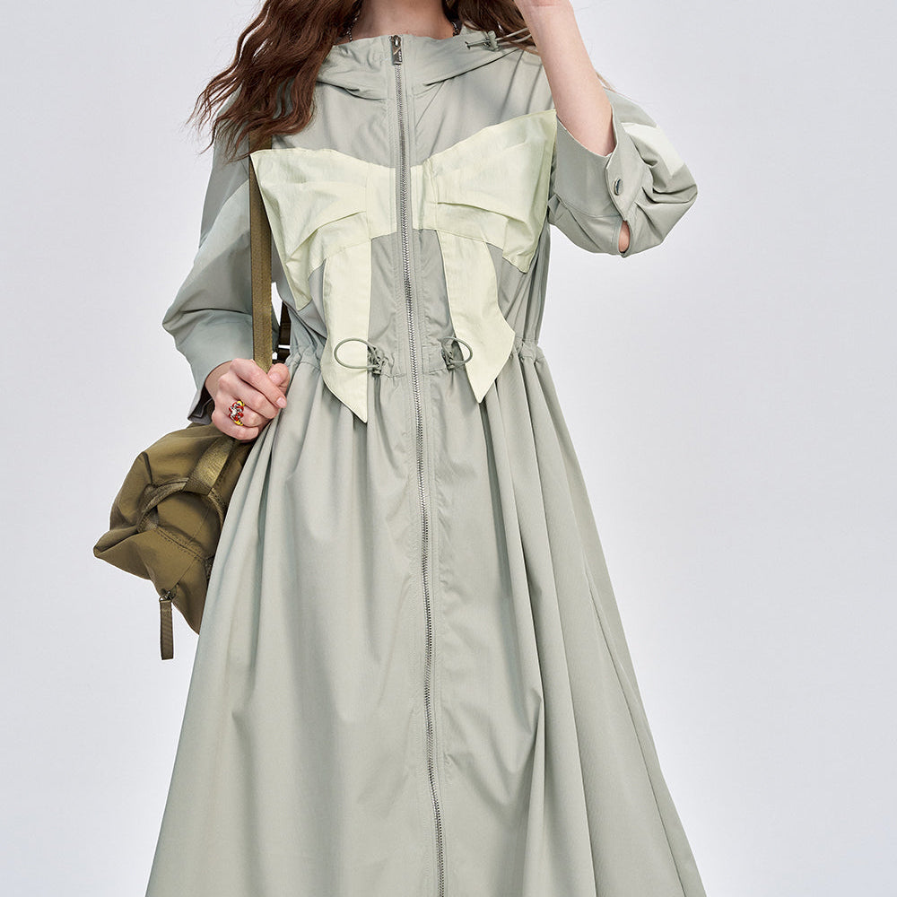 ELFSACK 2024 Autumn New Arrive Army Green Workwear Style Bowknot Print Waisted A-Line Dress Slimming Dress for Women