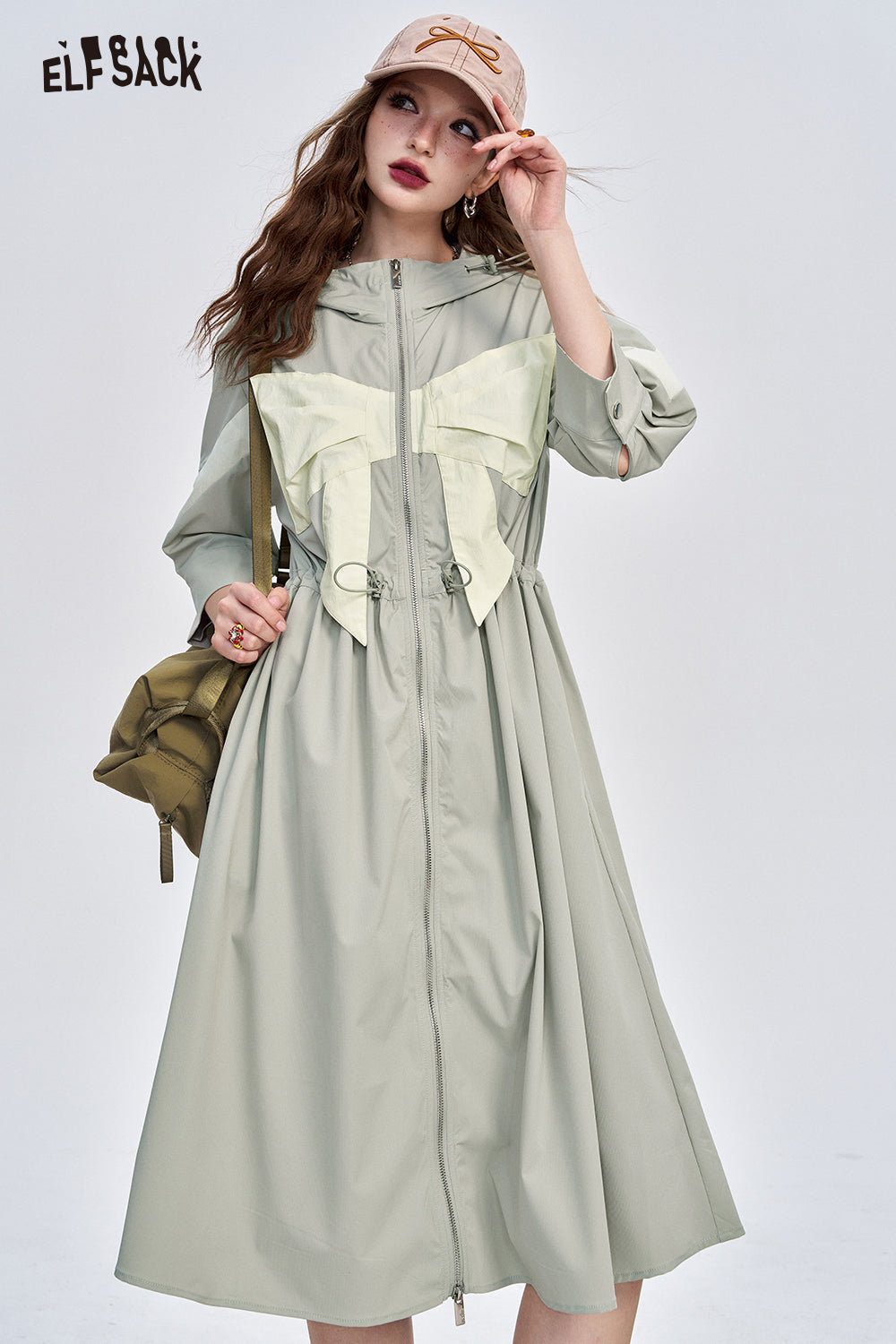 ELFSACK 2024 Autumn New Arrive Army Green Workwear Style Bowknot Print Waisted A-Line Dress Slimming Dress for Women