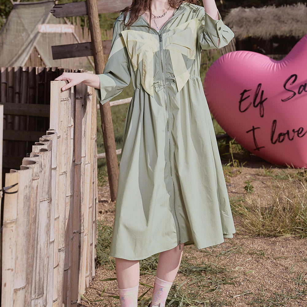 
                  
                    ELFSACK 2024 Autumn New Arrive Army Green Workwear Style Bowknot Print Waisted A-Line Dress Slimming Dress for Women
                  
                