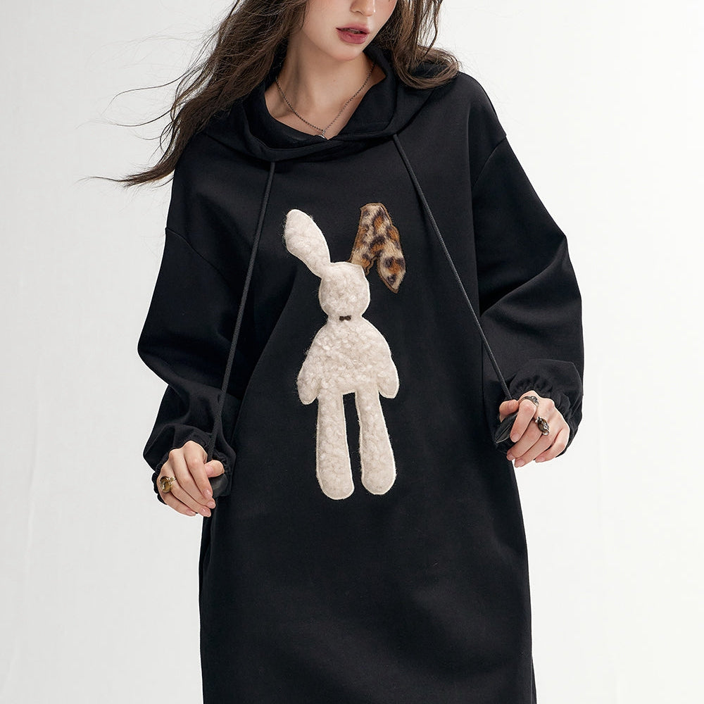 ELFSACK 2024 Autumn New Arrivals Plush rabbit hooded sweater dress for women, casual loose dress