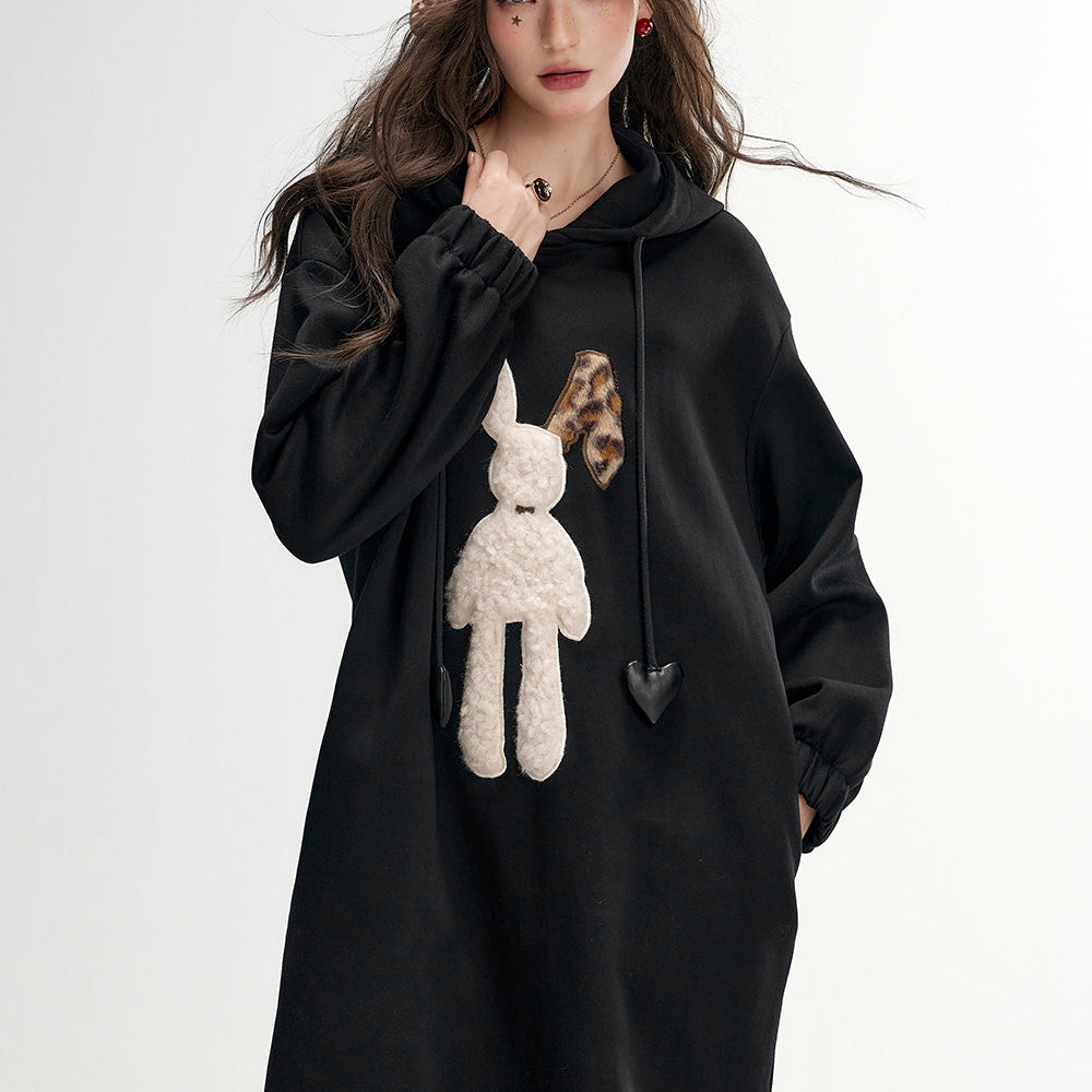 
                  
                    ELFSACK 2024 Autumn New Arrivals Plush rabbit hooded sweater dress for women, casual loose dress
                  
                