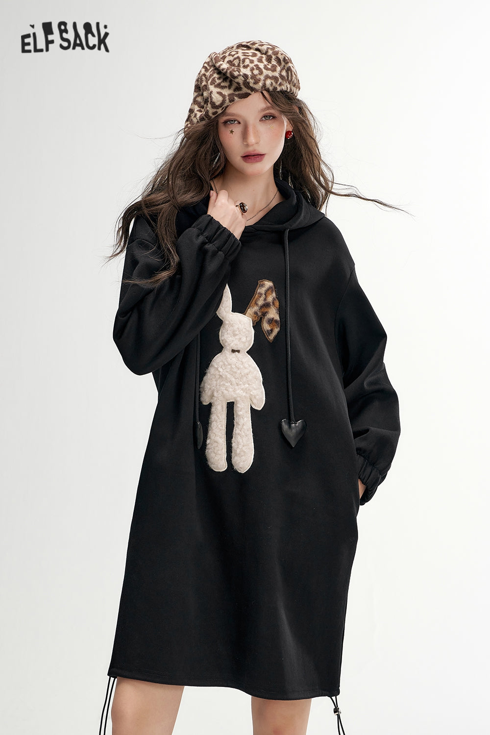 ELFSACK 2024 Autumn New Arrivals Plush rabbit hooded sweater dress for women, casual loose dress