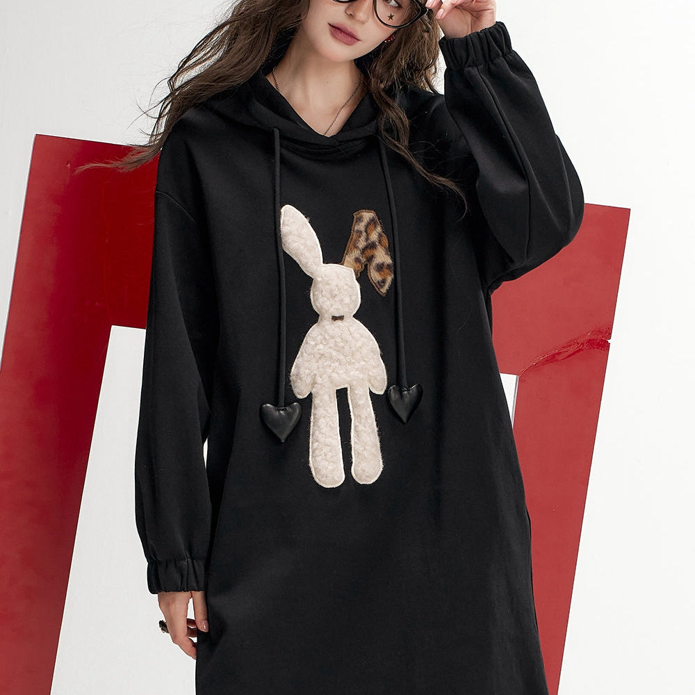 
                  
                    ELFSACK 2024 Autumn New Arrivals Plush rabbit hooded sweater dress for women, casual loose dress
                  
                