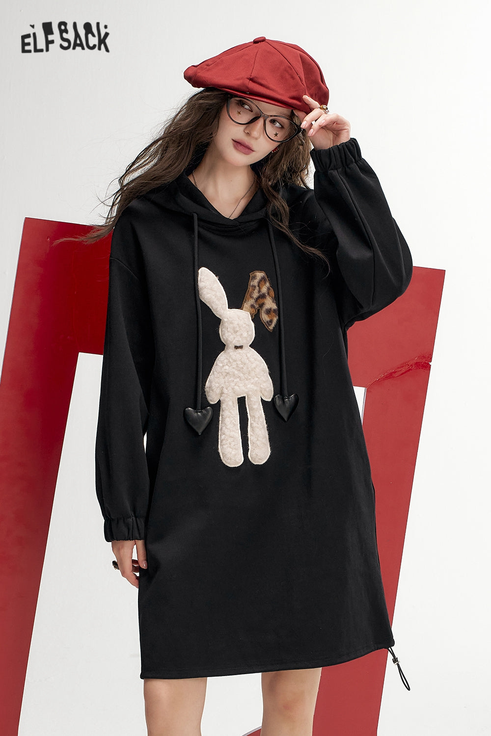 ELFSACK Plush rabbit hooded sweater dress, casual loose dress
