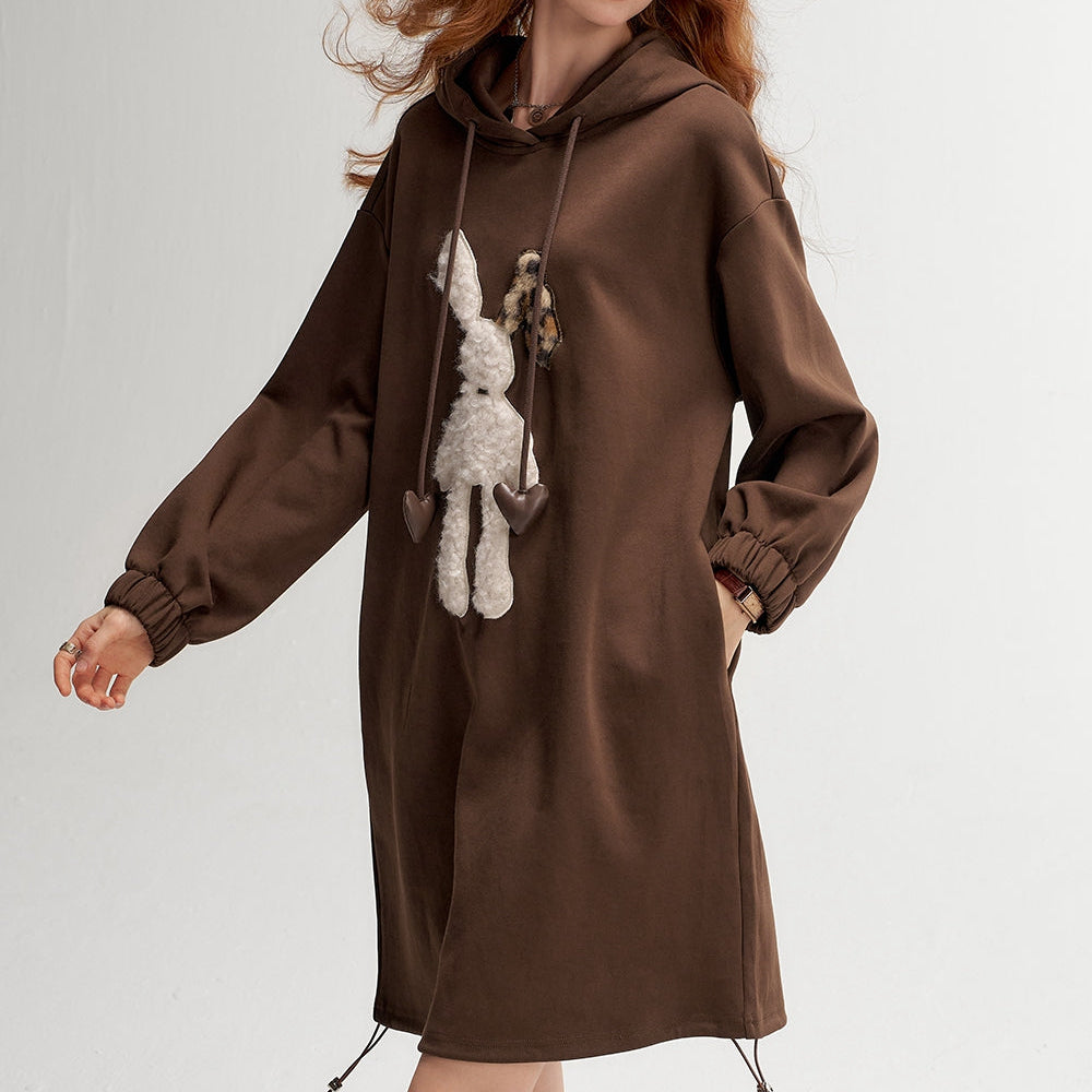 
                  
                    ELFSACK 2024 Autumn New Arrivals Plush rabbit hooded sweater dress for women, casual loose dress
                  
                