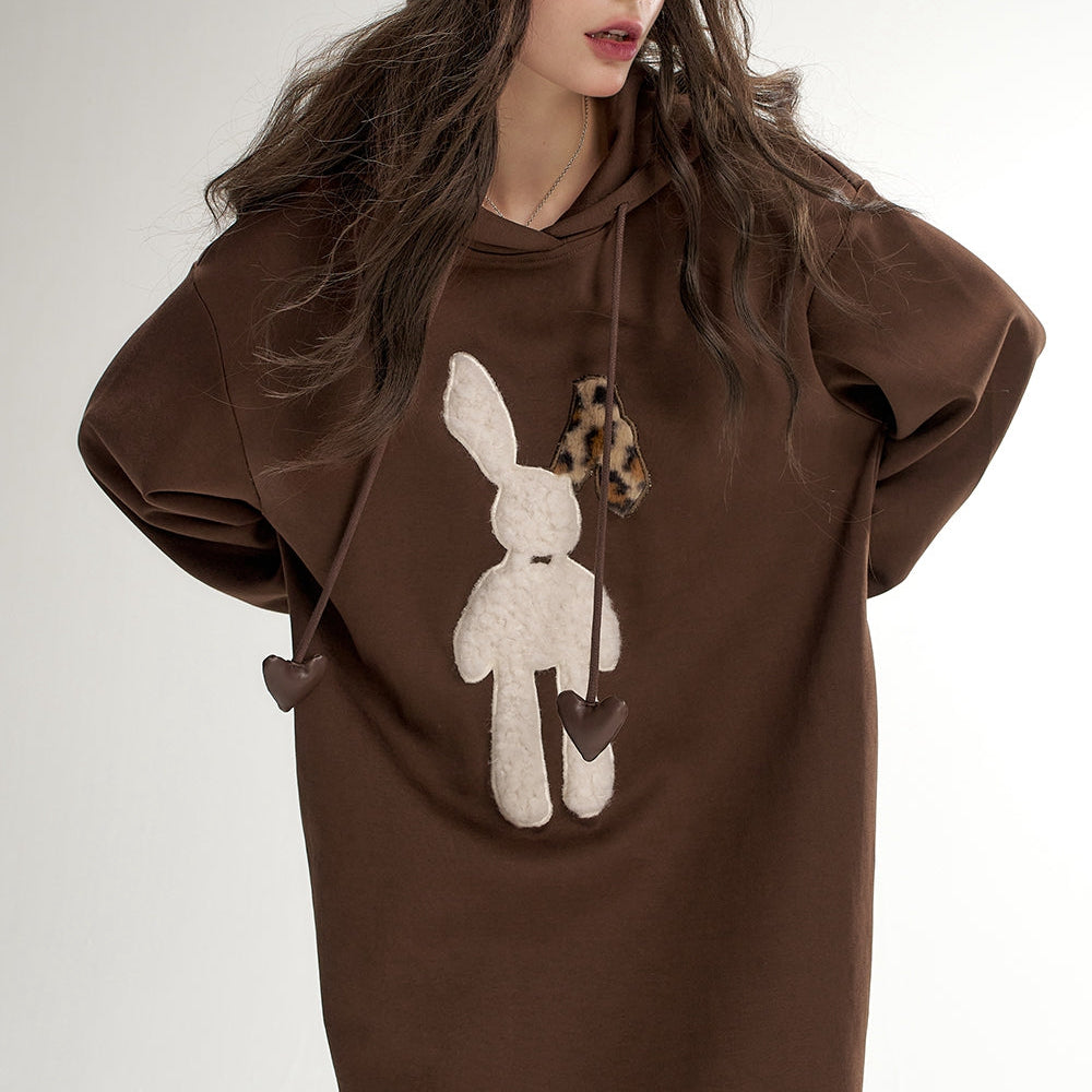 
                  
                    ELFSACK 2024 Autumn New Arrivals Plush rabbit hooded sweater dress for women, casual loose dress
                  
                