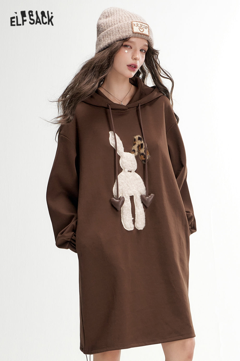 ELFSACK Plush rabbit hooded sweater dress, casual loose dress