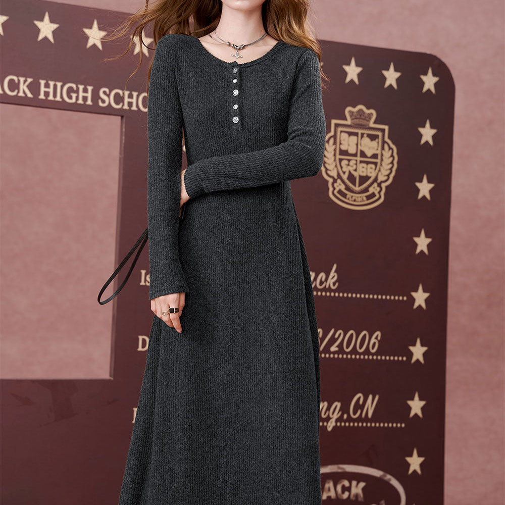 ELFSACK 2024 Autumn New Arrivals Casual waist cinching slimming round neck, knitted dress for women