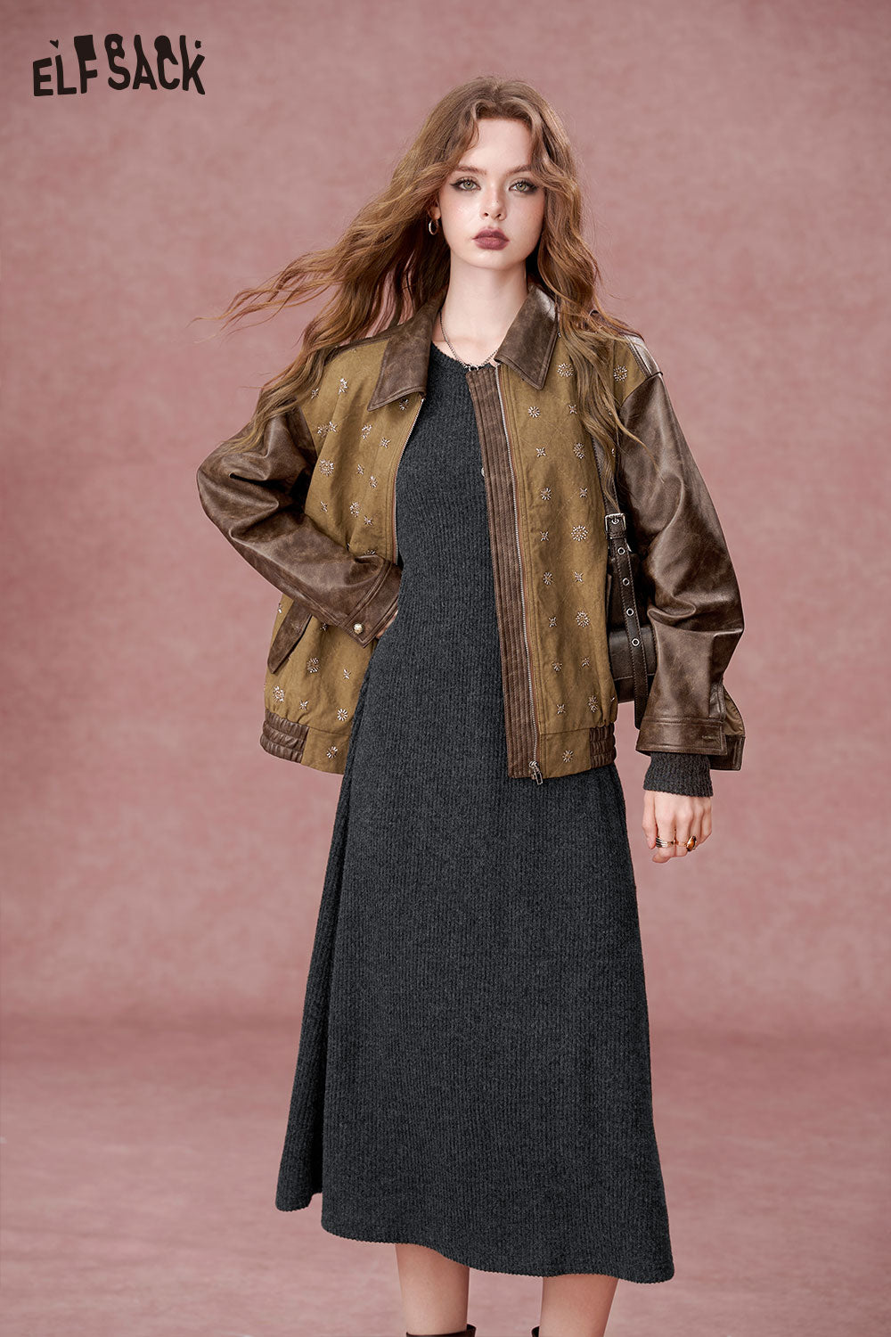 ELFSACK Casual waist cinching slimming round neck, knitted dress