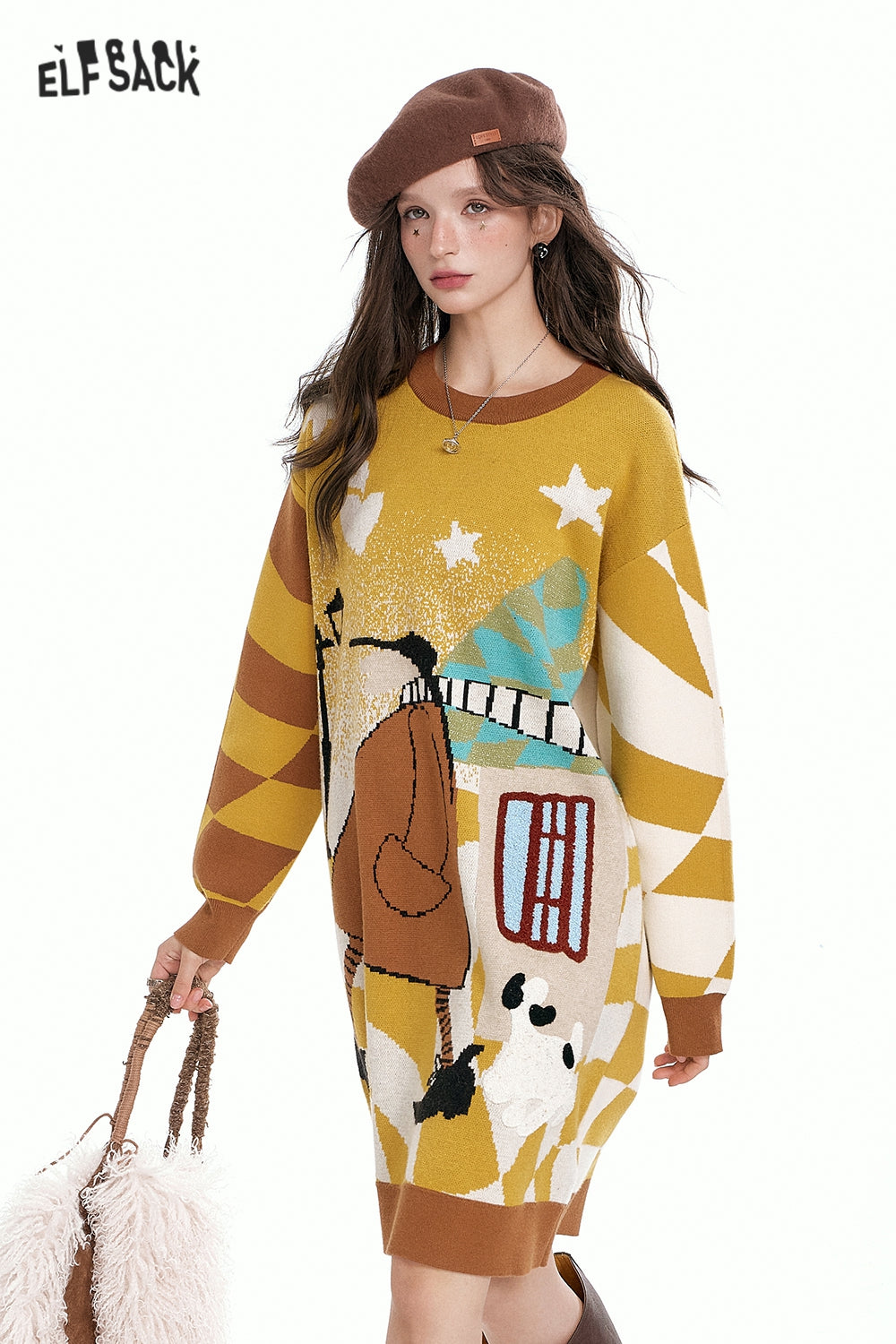 ELFSACK Animal Pattern Jacquard Loose Long Sleeve Knitted Dress Women