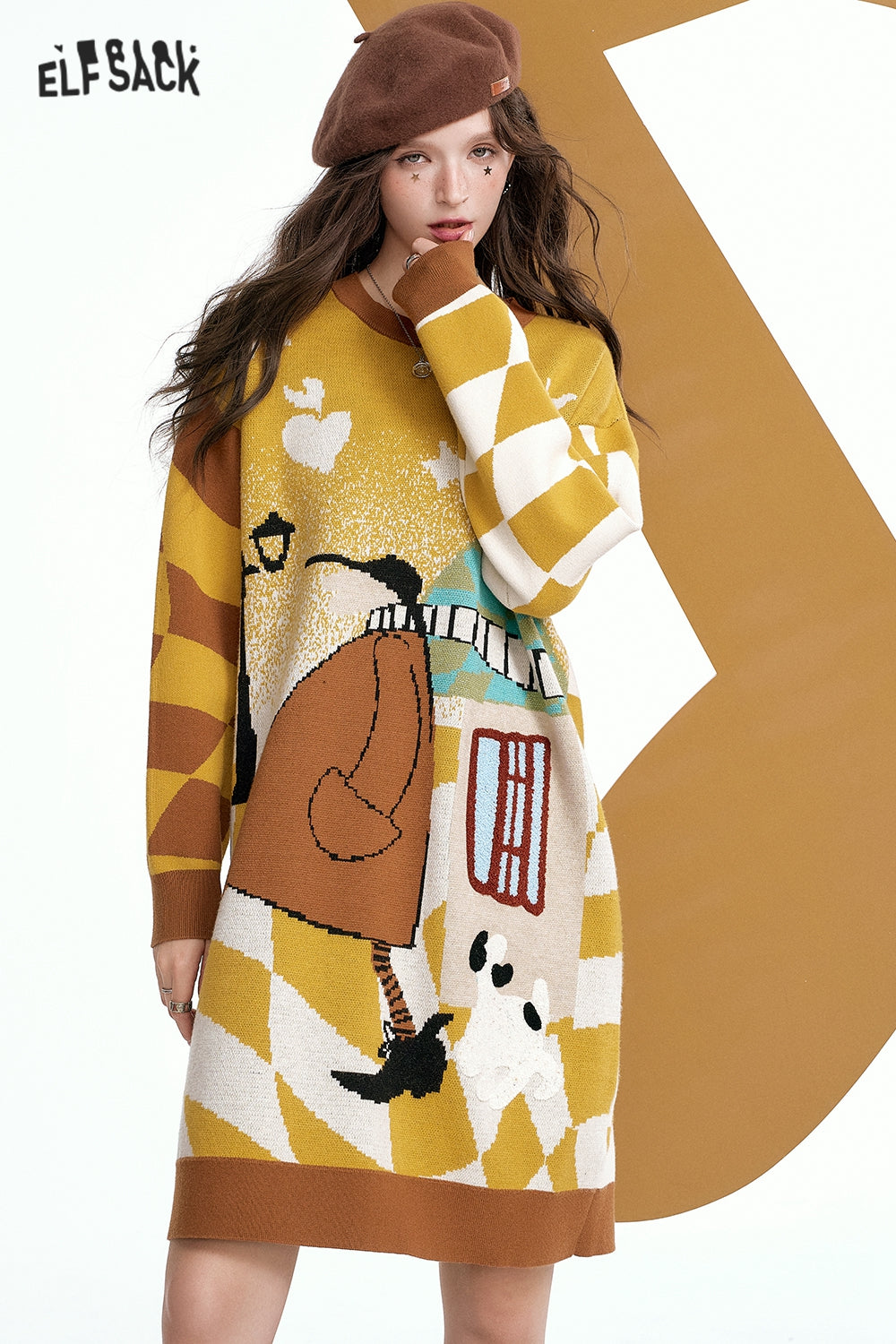 ELFSACK Animal Pattern Jacquard Loose Long Sleeve Knitted Dress Women