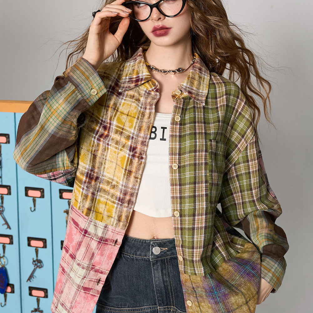 ELFSACK 2024 Autumn New Arrive Colorful plaid retro American deconstructed patchwork shirt jacket for women