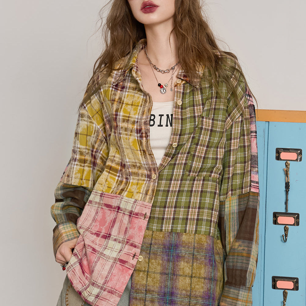 ELFSACK 2024 Autumn New Arrive Colorful plaid retro American deconstructed patchwork shirt jacket for women