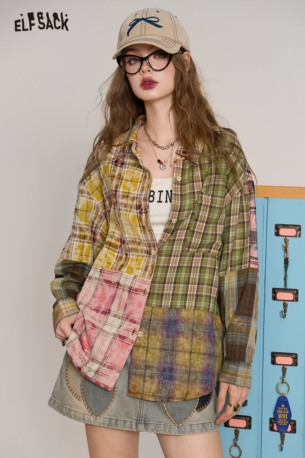 ELFSACK 2024 Autumn New Arrive Colorful plaid retro American deconstructed patchwork shirt jacket for women