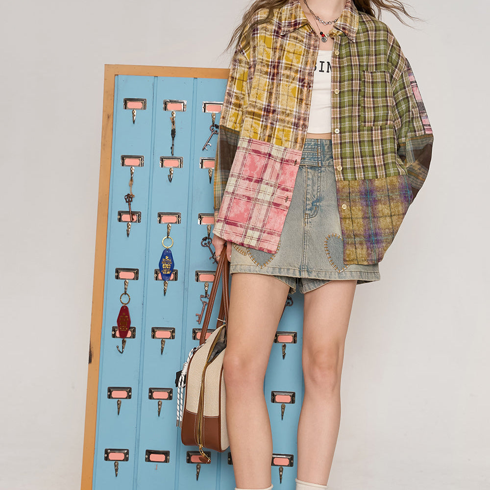 
                  
                    ELFSACK 2024 Autumn New Arrive Colorful plaid retro American deconstructed patchwork shirt jacket for women
                  
                