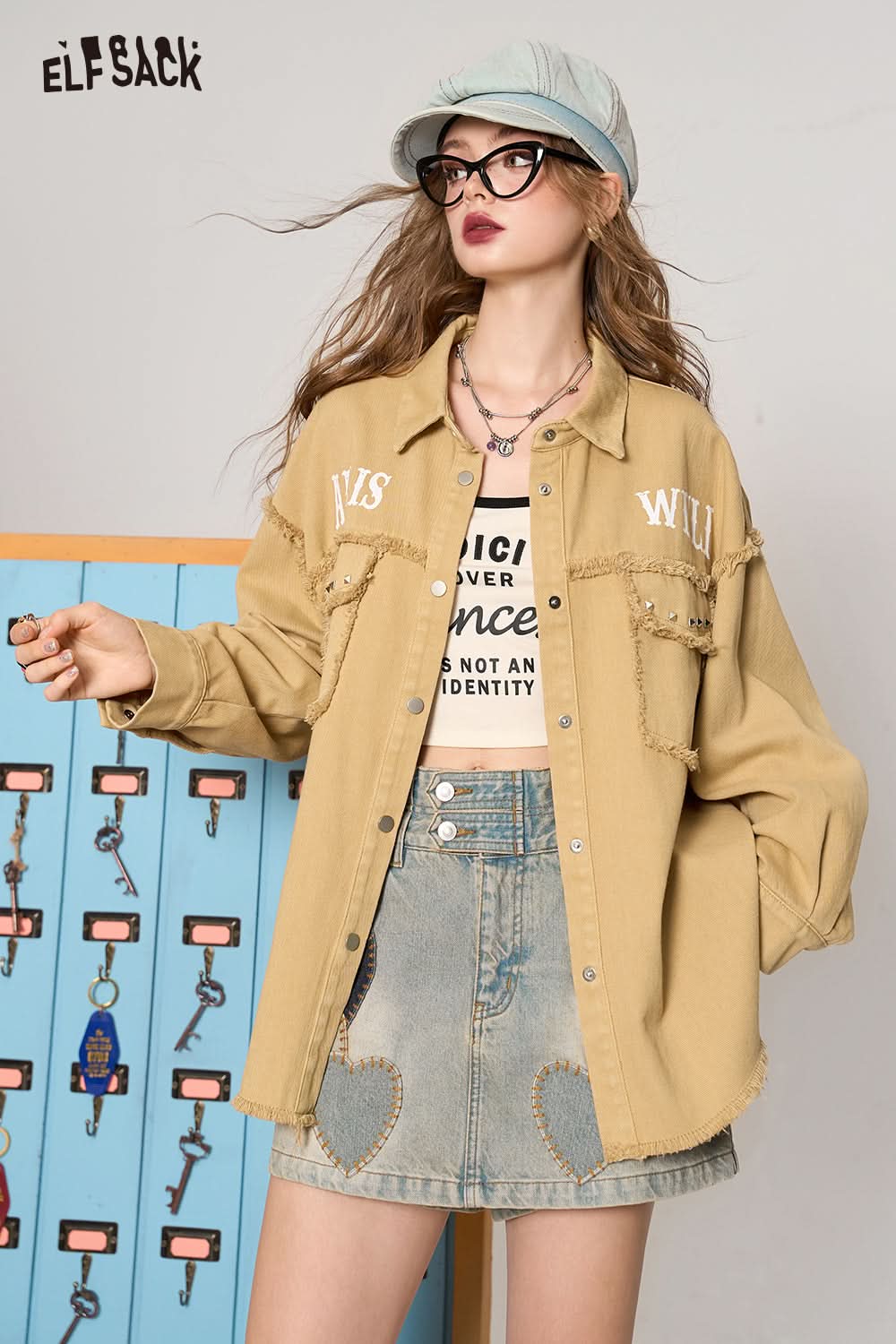 ELFSACK Barbie Rose Red Casual All-match Korean Style Brushed Rivet Shirt Short Jacket