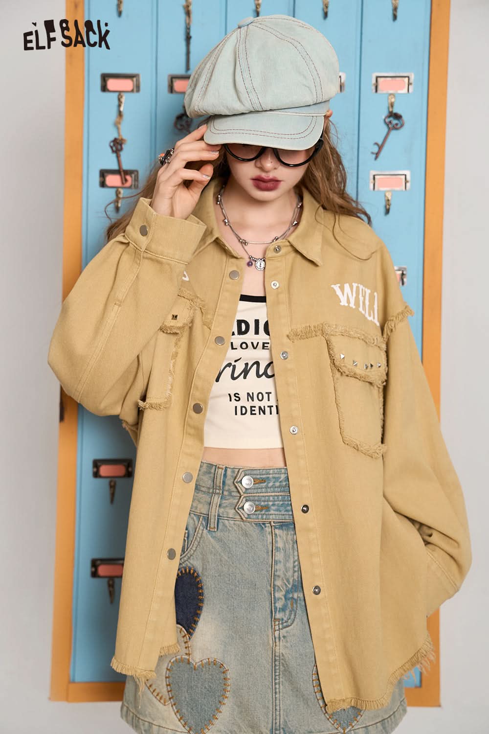 ELFSACK Barbie Rose Red Casual All-match Korean Style Brushed Rivet Shirt Short Jacket