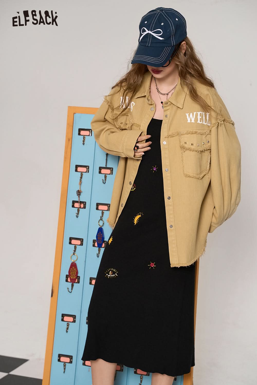 ELFSACK Barbie Rose Red Casual All-match Korean Style Brushed Rivet Shirt Short Jacket