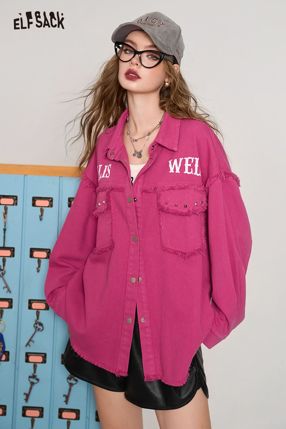 ELFSACK Barbie Rose Red Casual All-match Korean Style Brushed Rivet Shirt Short Jacket