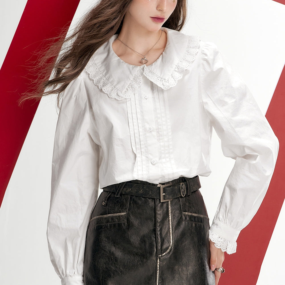 
                  
                    ELFSACK 2024 Autumn New Arrivals Women's white doll collar sweet lace patchwork shirt
                  
                