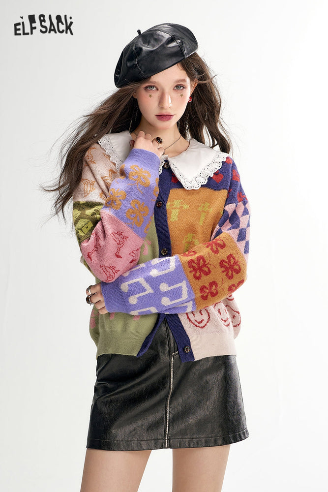 
                  
                    ELFSACK 2024 Autumn New Arrivals Interesting color matching jacquard sweater cardigan for women
                  
                