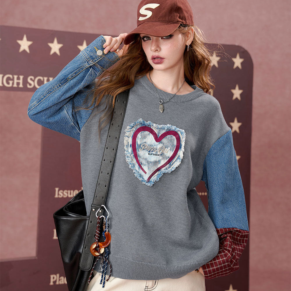 ELFSACK 2024 Autumn New Arrivals Contrast color denim stitching round neck sweater for women, loose college style top