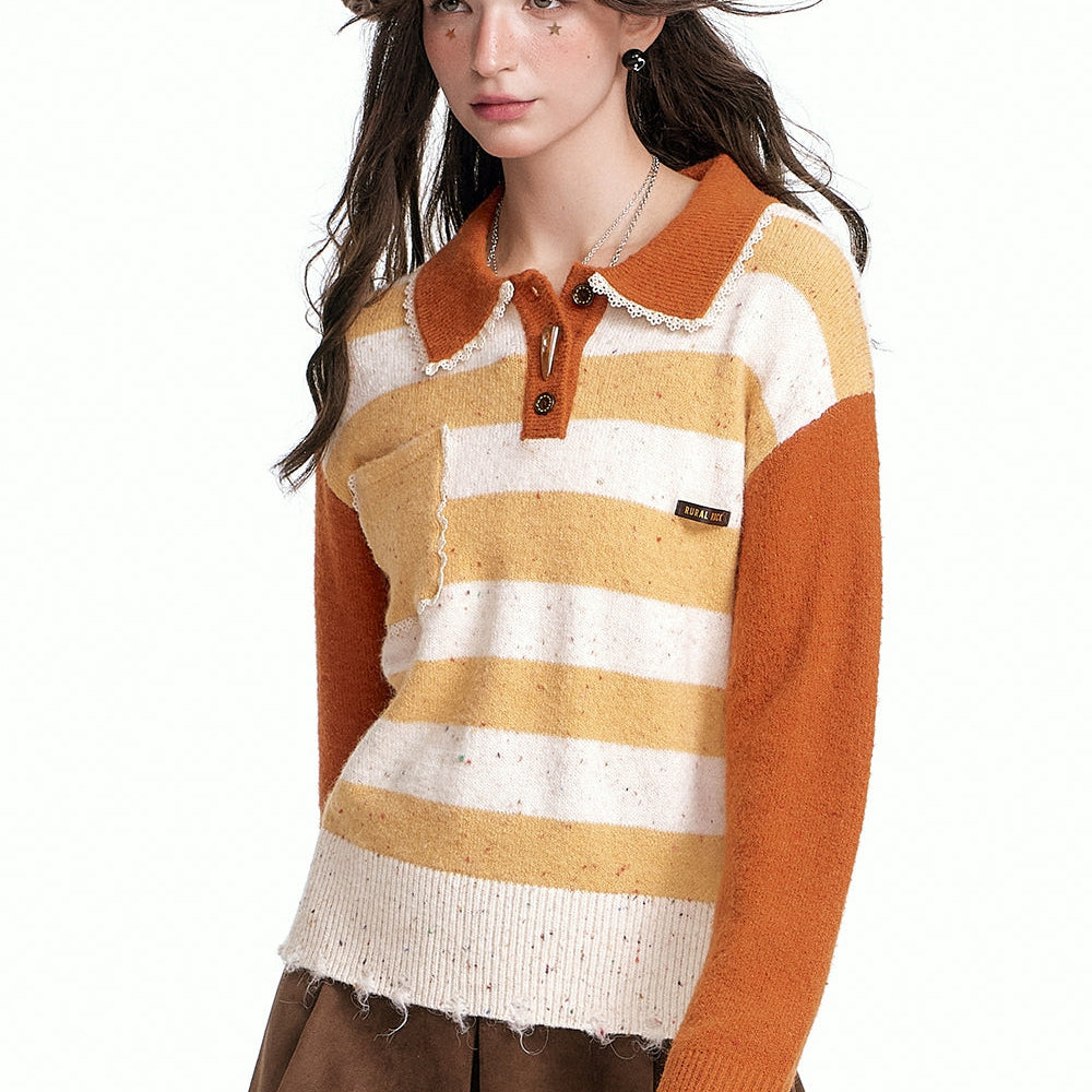 ELFSACK 2024 Autumn New Arrivals Loose and sweet contrast color striped lapel sweater for women