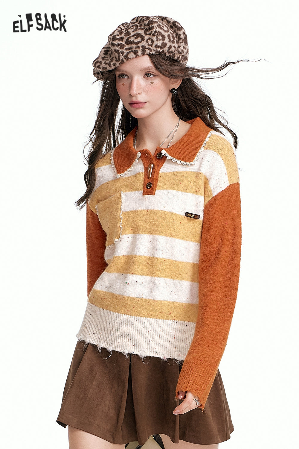 ELFSACK 2024 Autumn New Arrivals Loose and sweet contrast color striped lapel sweater for women