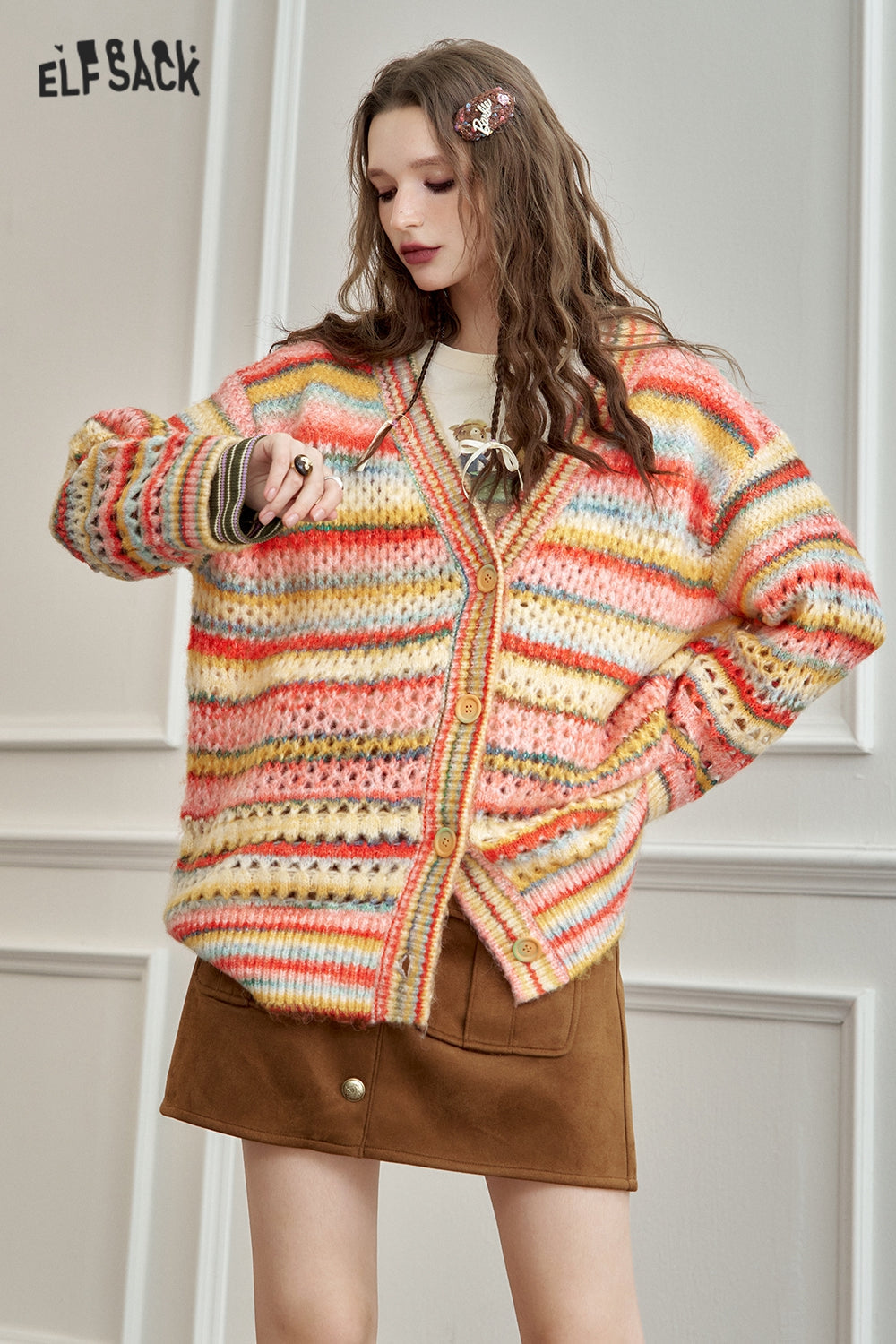 ELFSACK 2024 Autumn New Arrivals Rainbow V-neck hollow sweet sweater cardigan for women