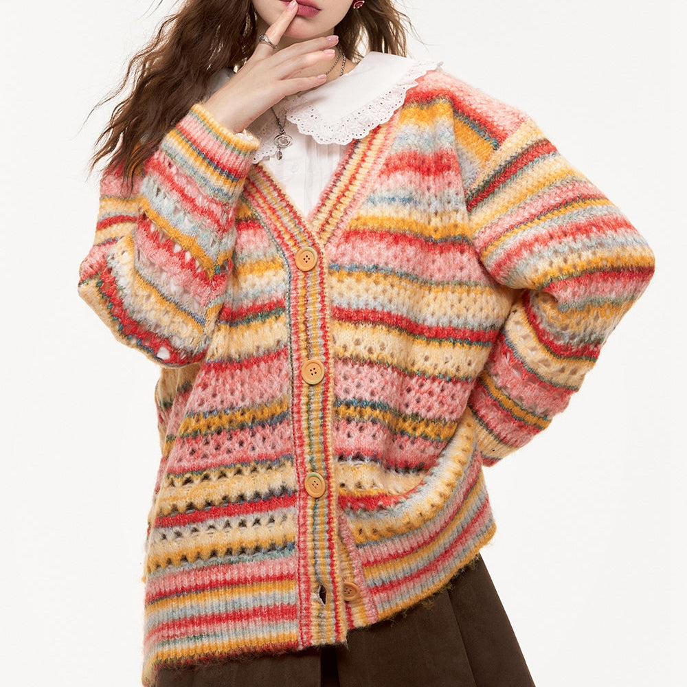 
                  
                    ELFSACK 2024 Autumn New Arrivals Rainbow V-neck hollow sweet sweater cardigan for women
                  
                