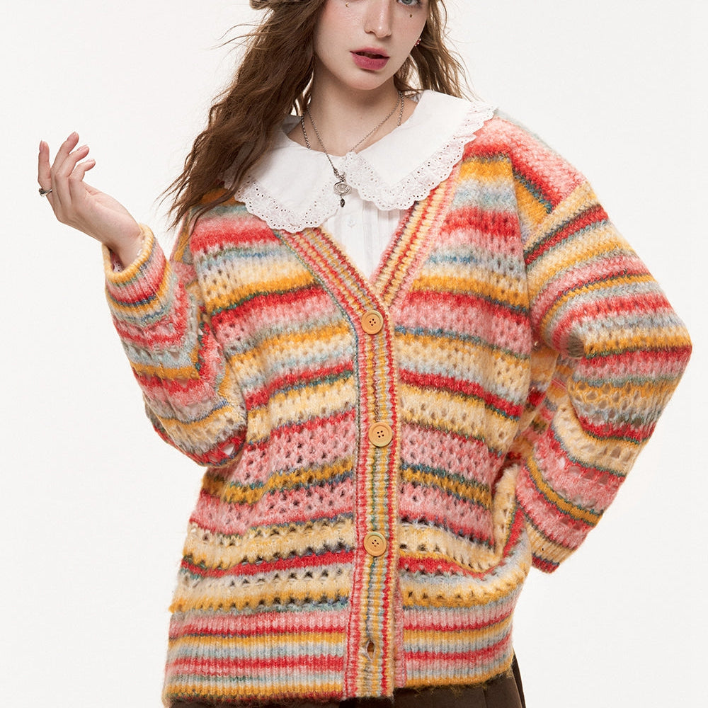 
                  
                    ELFSACK 2024 Autumn New Arrivals Rainbow V-neck hollow sweet sweater cardigan for women
                  
                