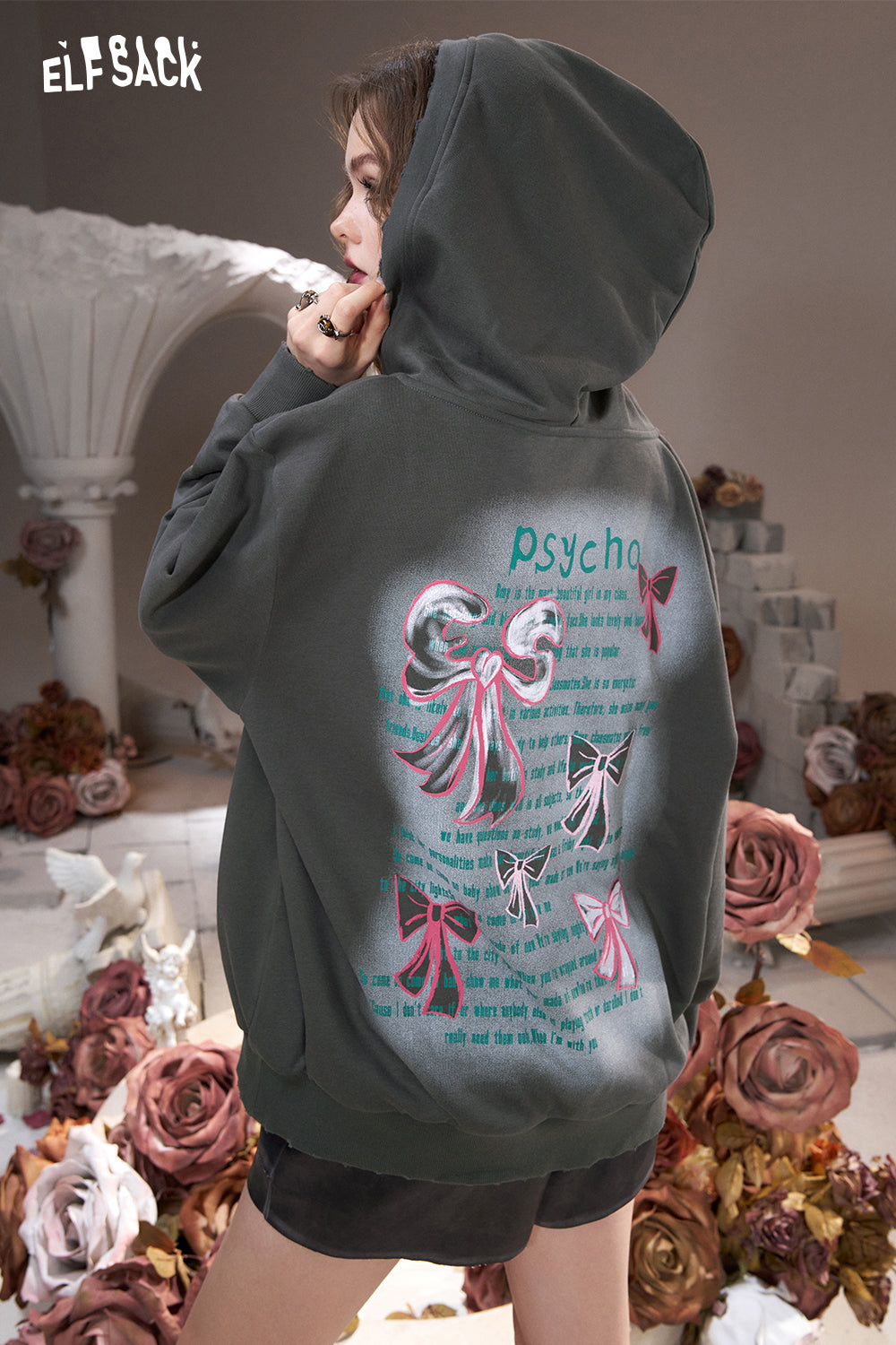 ELFSACK Gray Bowknot Printed Loose American V-Neck Mid-Length Hooded Sweatshirt