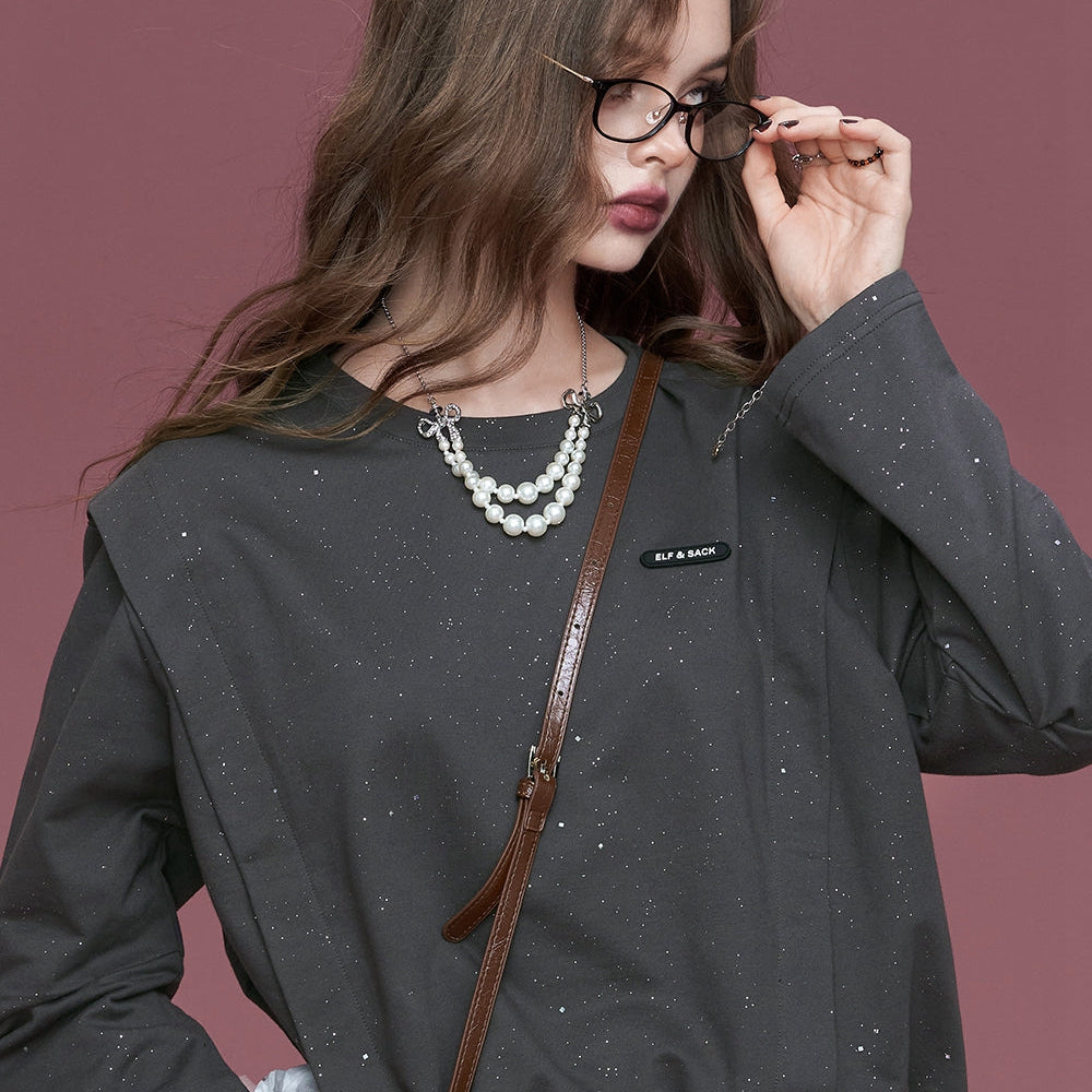 
                  
                    ELFSACK 2024 Autumn New Arrivals Grey waistcoat with silver hot round neck loose long sleeve casual sweater for women
                  
                