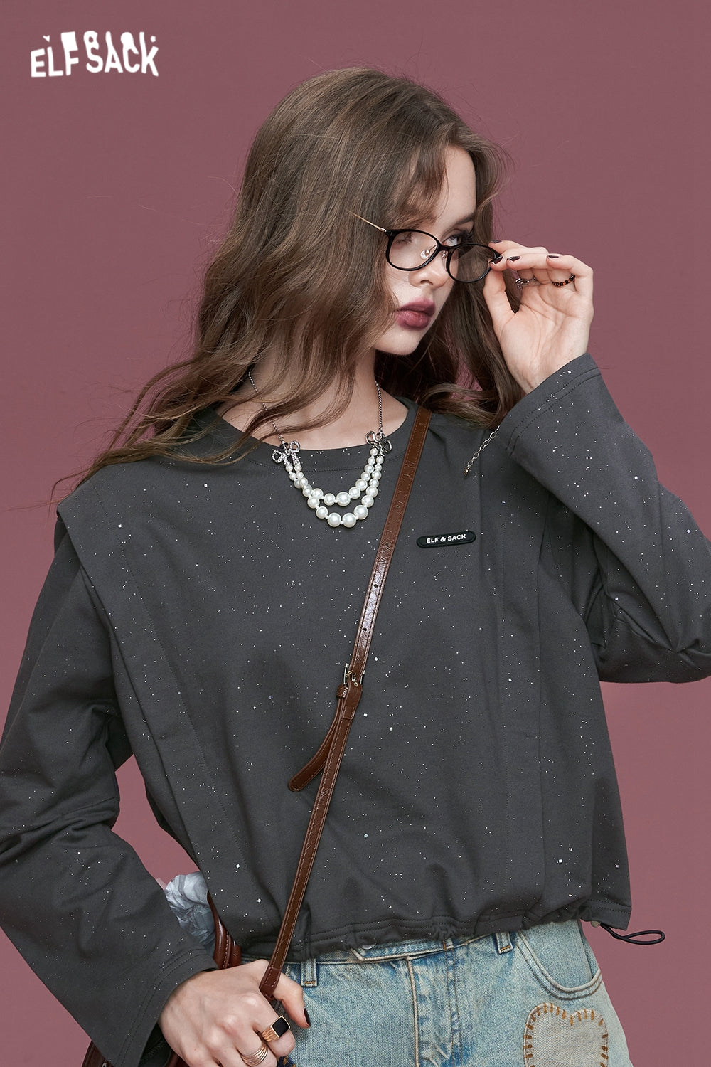 ELFSACK Grey waistcoat with silver hot round neck loose long sleeve casual sweater