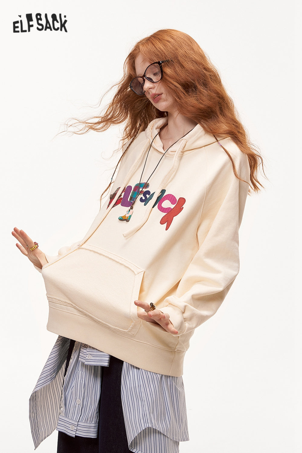 ELFSACK Letter Printed Hoodie Loose Casual Thin Sweatshirt