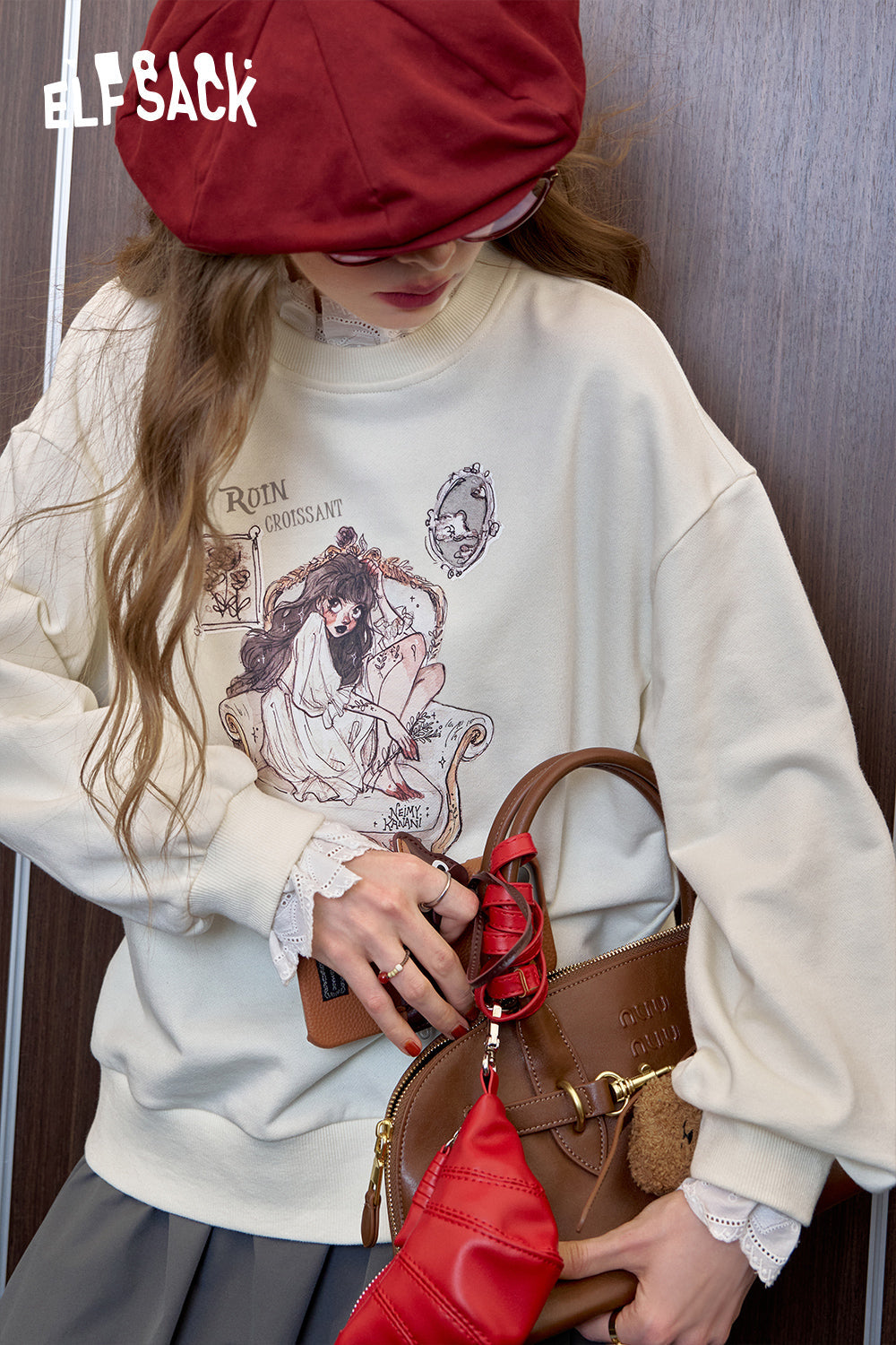 ELFSACK Lace stitched casual printed round neck hoodie, loose fit and slimming top