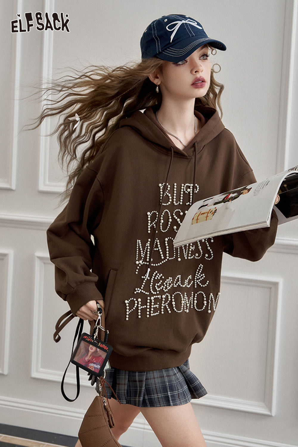 ELFSACK American retro heavy-duty hooded sweatshirt, loose casual thin top