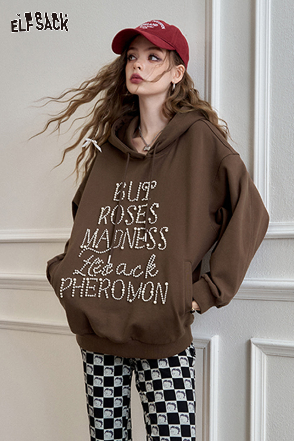 ELFSACK American retro heavy-duty hooded sweatshirt, loose casual thin top