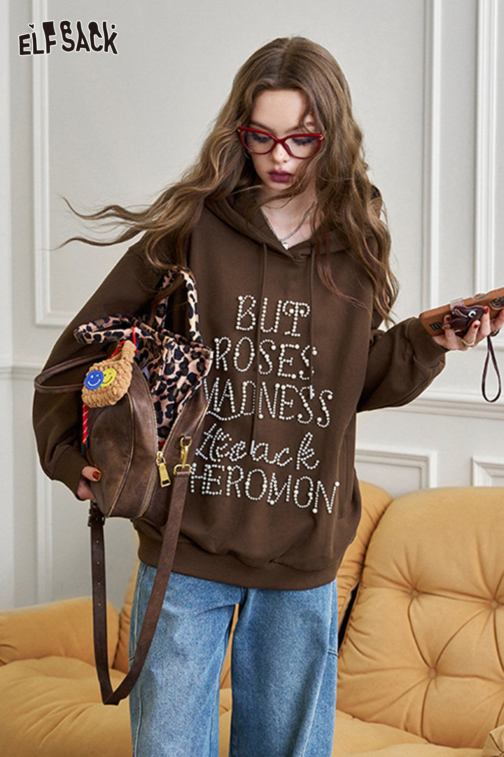 ELFSACK American retro heavy-duty hooded sweatshirt, loose casual thin top