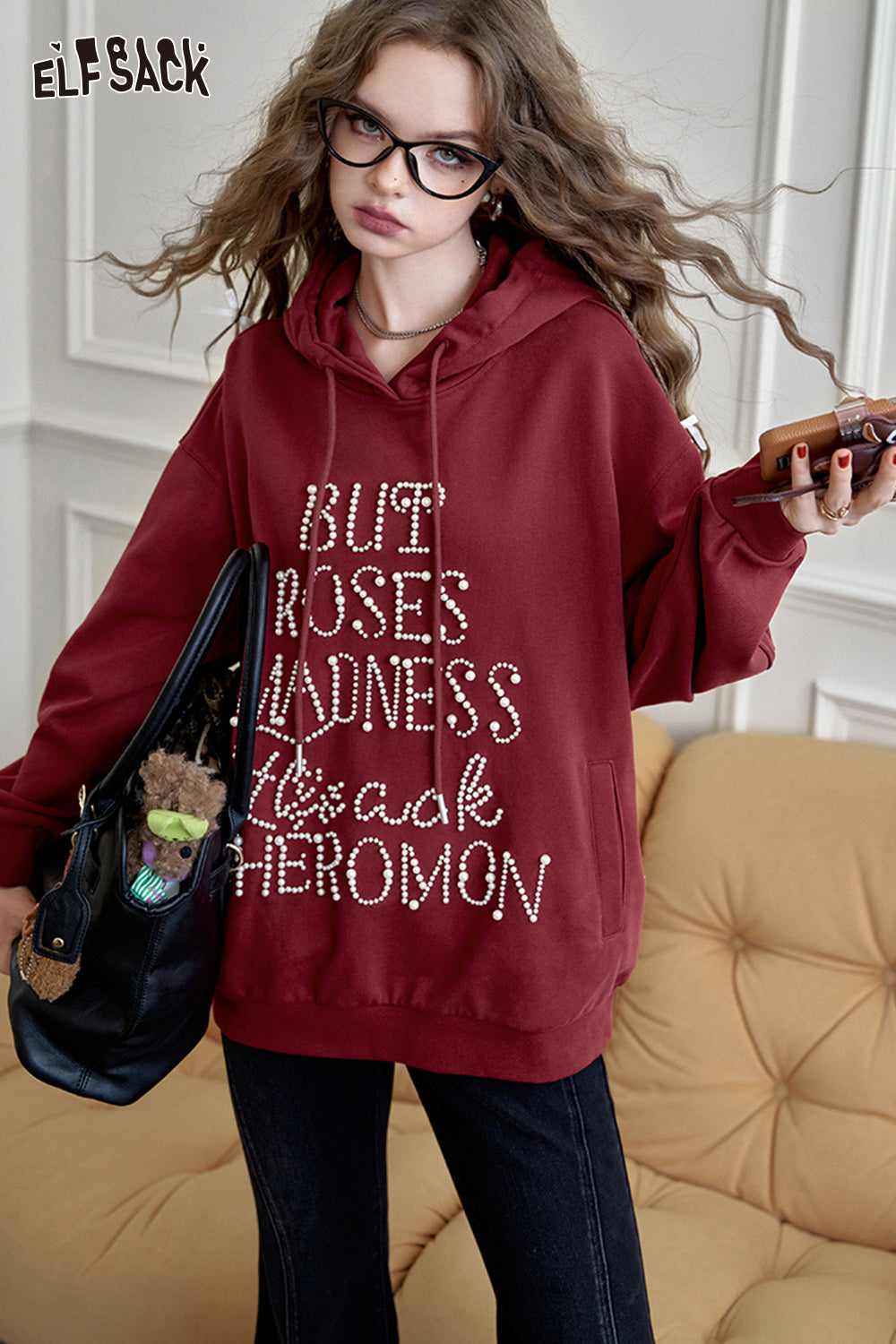 ELFSACK American retro heavy-duty hooded sweatshirt, loose casual thin top