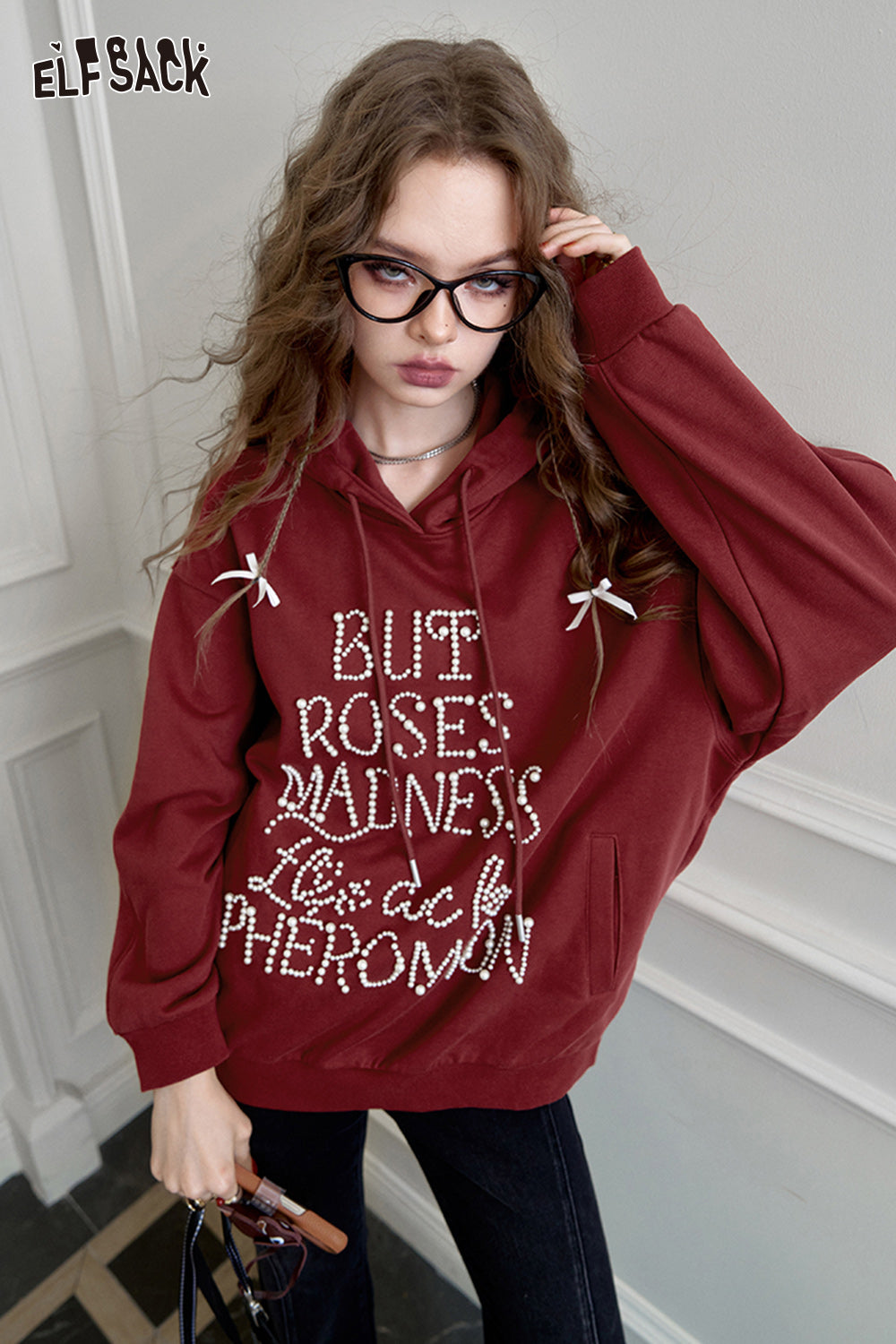 ELFSACK American retro heavy-duty hooded sweatshirt, loose casual thin top