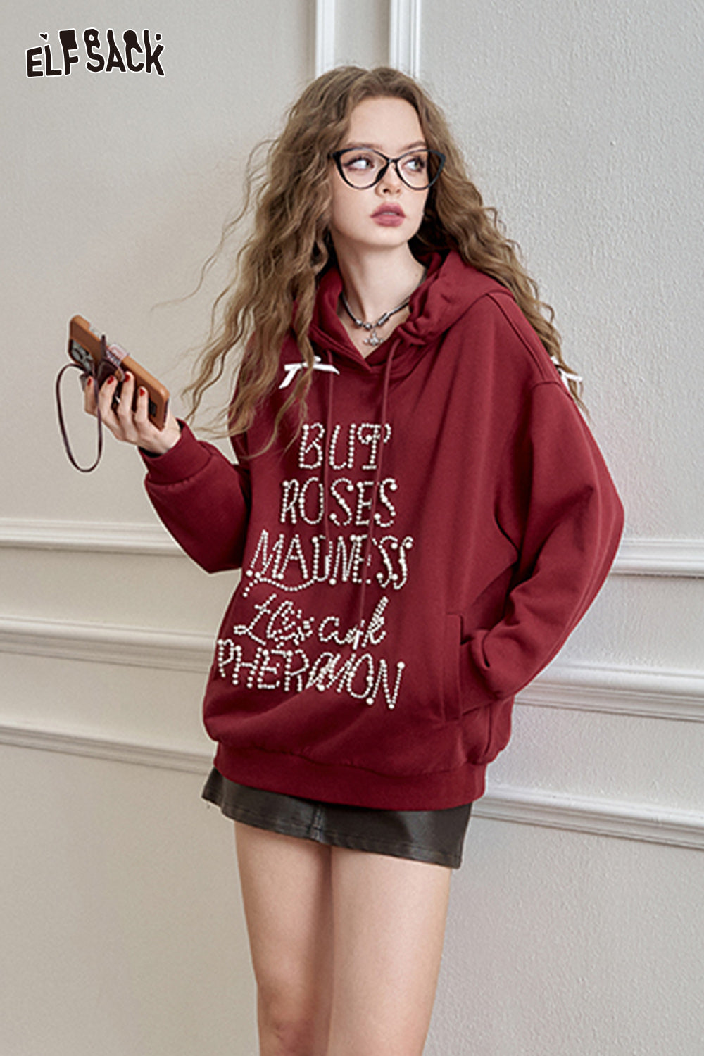 ELFSACK American retro heavy-duty hooded sweatshirt, loose casual thin top