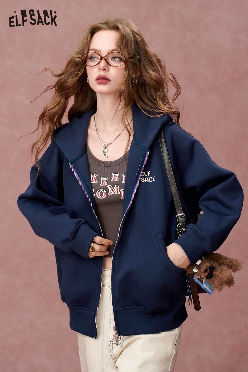 ELFSACK Simple casual hooded Hoodie cardigan, cartoon printed jacket