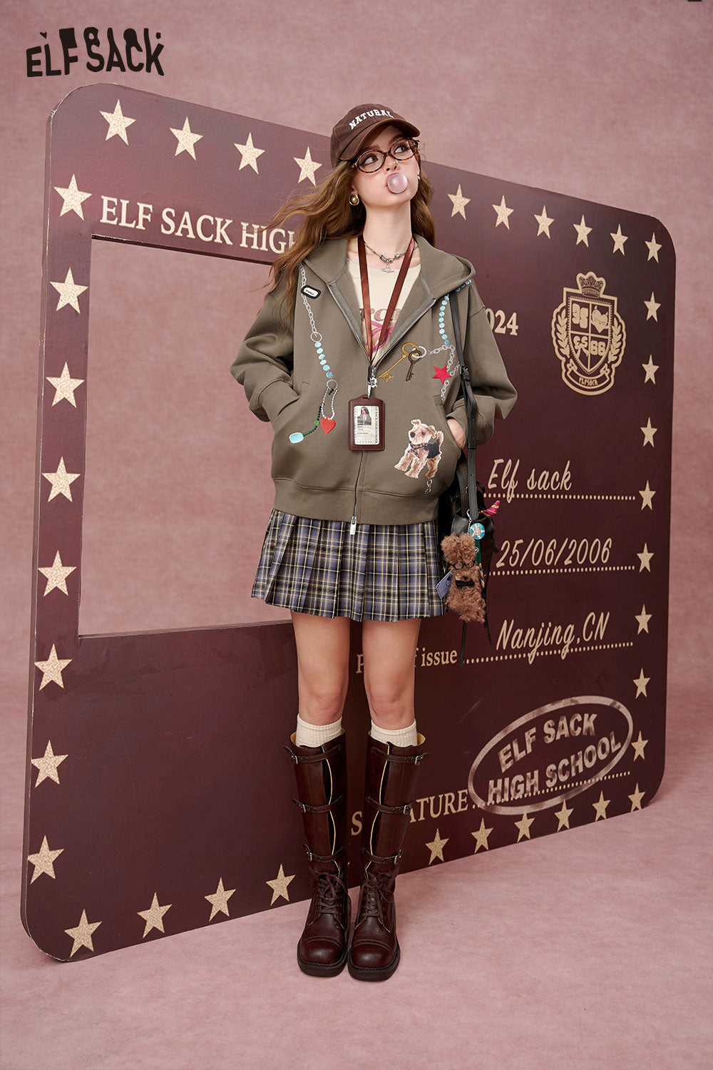 ELFSACK Simple casual hooded Hoodie cardigan, cartoon printed jacket